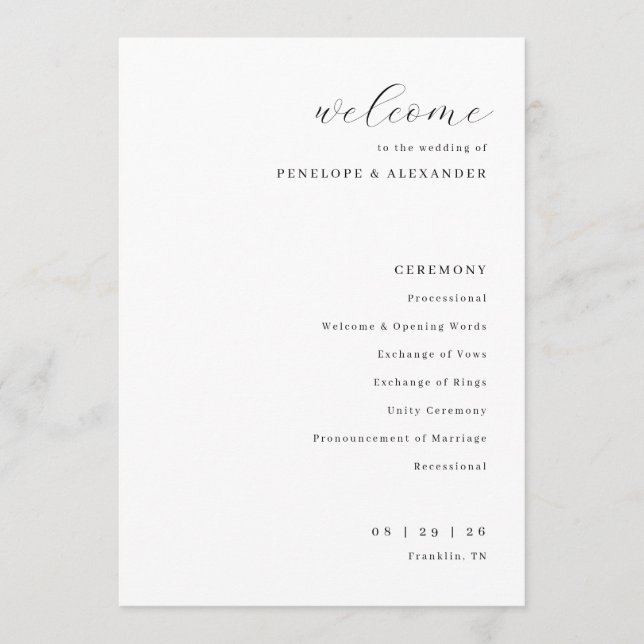 Elegant Black Wedding Ceremony Schedule Program (Front)