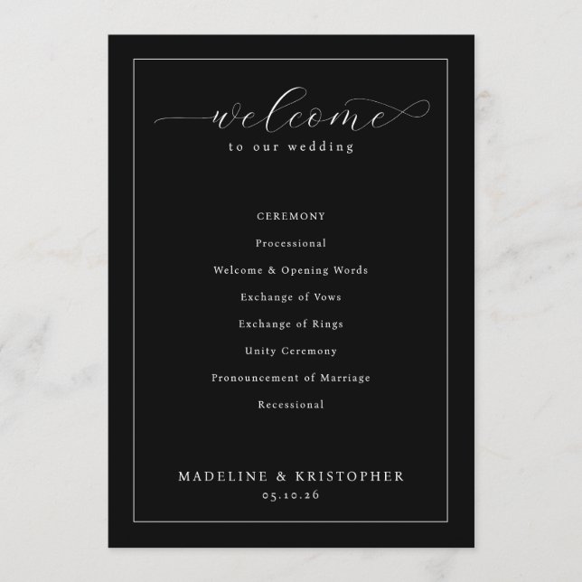 Elegant Black Wedding Ceremony Schedule Program (Front)