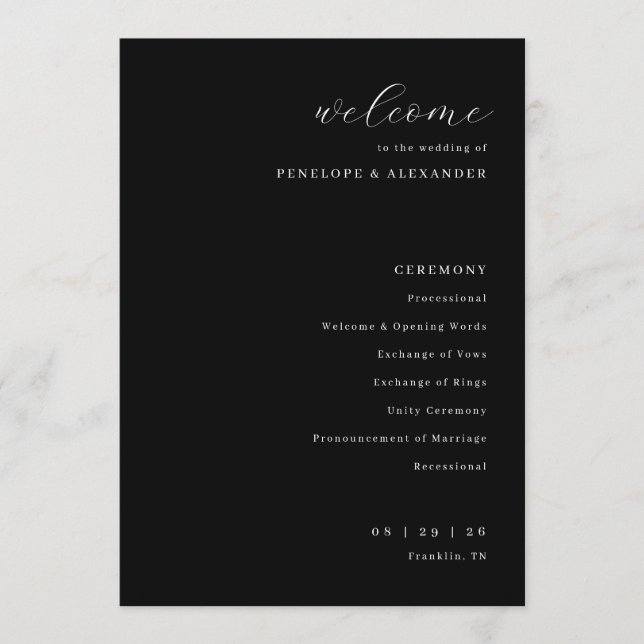 Elegant Black Wedding Ceremony Schedule Program (Front)