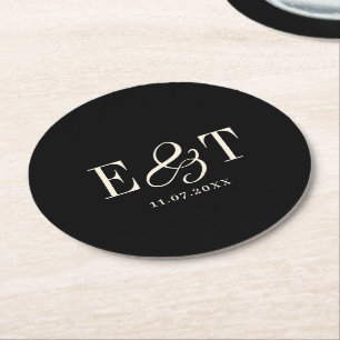 Elegant Black Wedding Couples Initials Round Paper Coaster