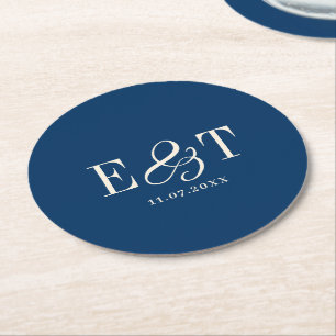 Elegant Black Wedding Couples Initials Round Paper Coaster