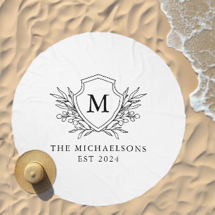 Elegant Black Wedding Crest Monogram Beach Towel