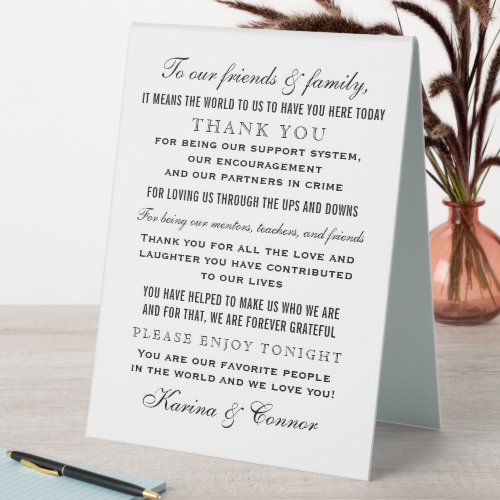 Elegant Black Wedding Guest Thank You Message Table Tent Sign