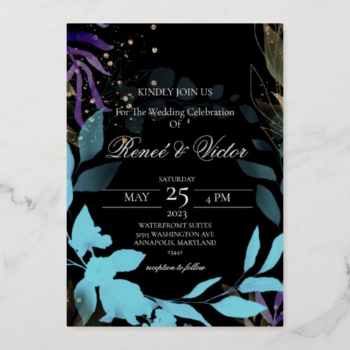 Elegant Black Wedding Invitation with Gold  Coral Foil Invitation