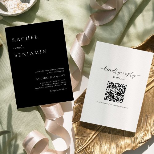 Elegant Black Wedding Minimalist 2 sided QR Code Invitation