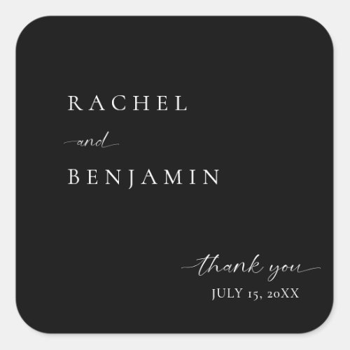 Elegant Black Wedding Minimalist Script Thank you Square Sticker