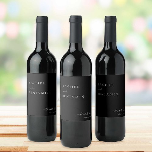 Elegant Black Wedding Minimalist Script Thank you Wine Label