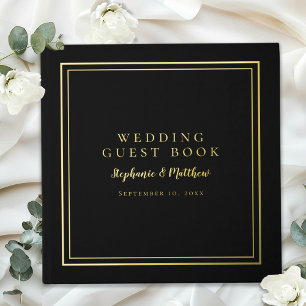 Elegant Black Wedding Modern Calligraphy Real Gold Foil Guest Book