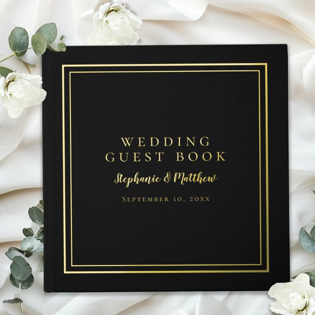 Elegant Black Wedding Modern Calligraphy Real Gold Foil Guest Book (Creator Uploaded)