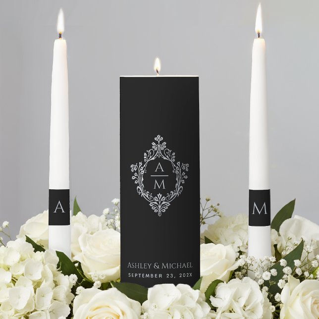 Elegant Black Wedding Monogram Ornate Silver Crest Unity Candle Set (Creator Uploaded)