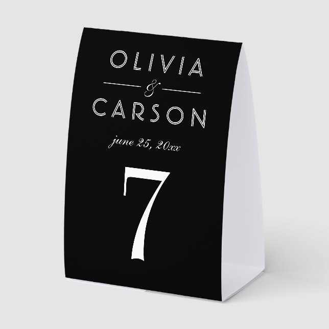 Elegant Black Wedding Monogram Table Number Paper Table Tent (Front)