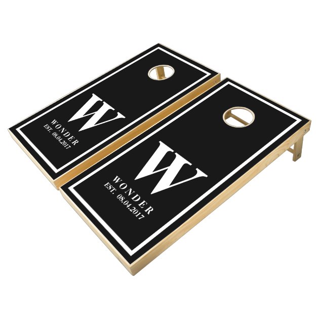 Elegant Black Wedding Newly Wed Monogram Cornhole Set