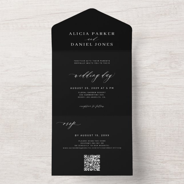 Elegant black wedding online RSVP QR code All In One Invitation (Inside)