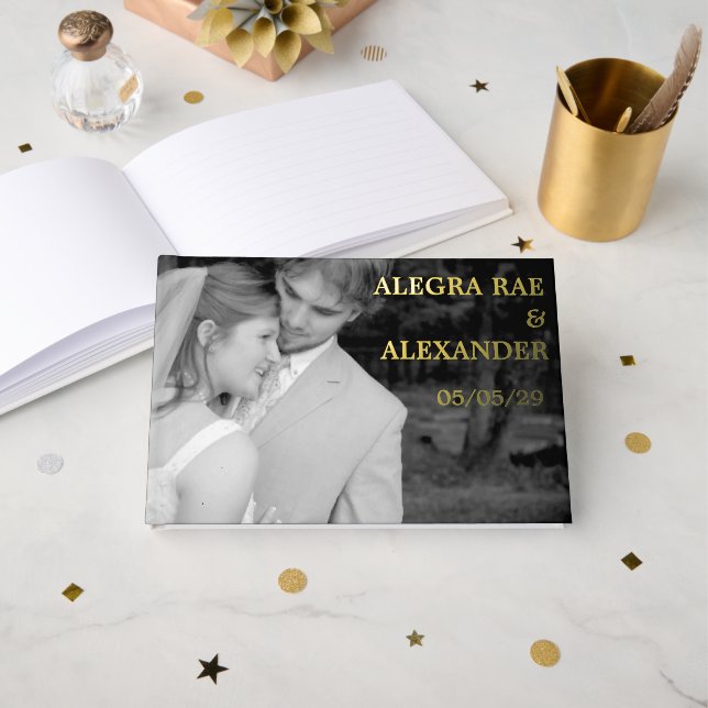 Elegant Black Wedding Photo Foil Guest Book (Front Open)