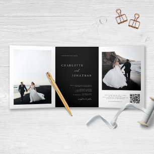 Elegant Black Wedding RSVP Details QR Code Photo Tri-Fold Invitation
