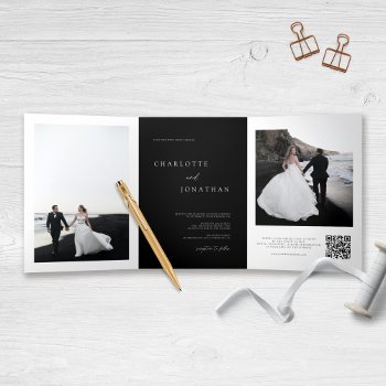 Elegant Black Wedding Rsvp Details Qr Code Photo Tri-fold Invitation by thebusinessbunny at Zazzle