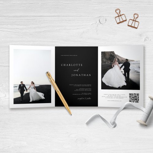Elegant Black Wedding RSVP Details QR Code Photo Tri_Fold Invitation