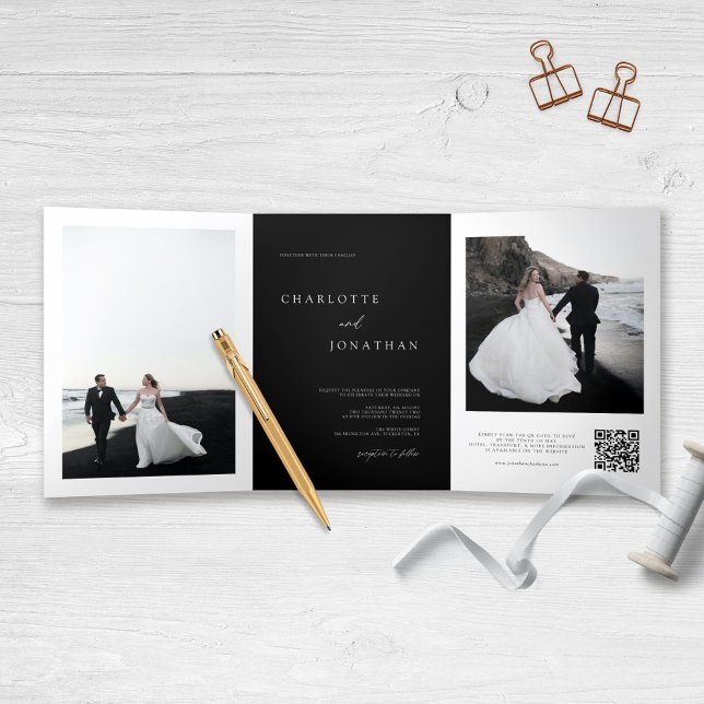 Elegant Black Wedding RSVP Details QR Code Photo Tri-Fold Invitation (Creator Uploaded)