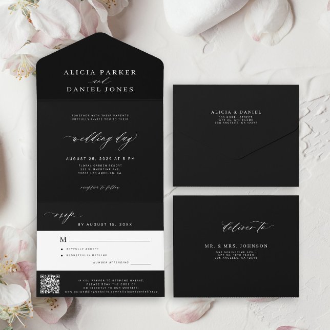 Elegant black wedding RSVP QR code All In One Invitation (Creator Uploaded)