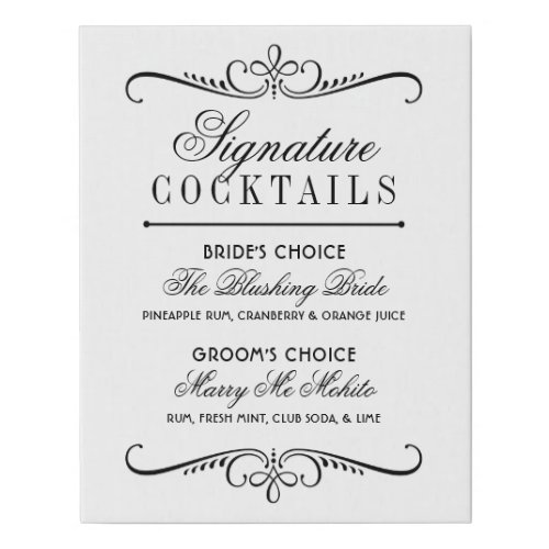 Elegant Black Wedding Signature Cocktails Faux Canvas Print