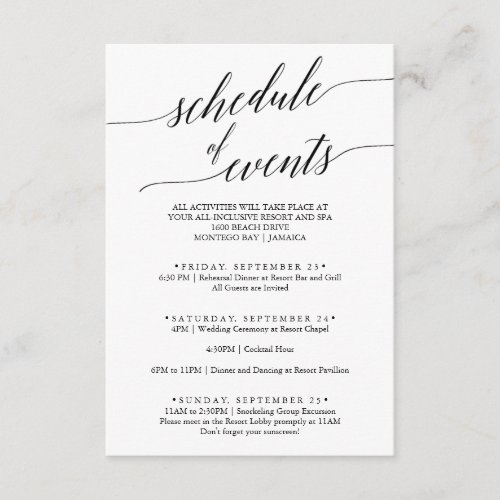 Elegant Black Wedding Weekend Schedule of Events