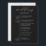 Elegant Black Wedding Weekend Timeline & Welcome Invitation<br><div class="desc">This elegant black wedding weekend card combines a beautifully designed itinerary and a heartfelt welcome message for your guests. The card features a detailed wedding schedule, including the rehearsal dinner, ceremony, reception, and morning after brunch, all laid out in a stylish format. The welcome message expresses gratitude for your guests’...</div>