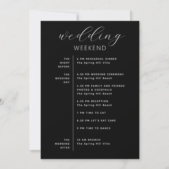Elegant Black Wedding Weekend Timeline & Welcome Invitation (Back)