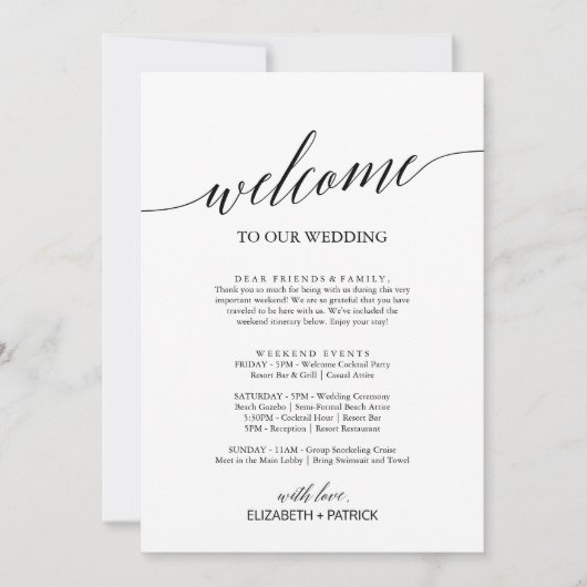 Elegant Black Welcome Letter Itinerary & Map (Front)