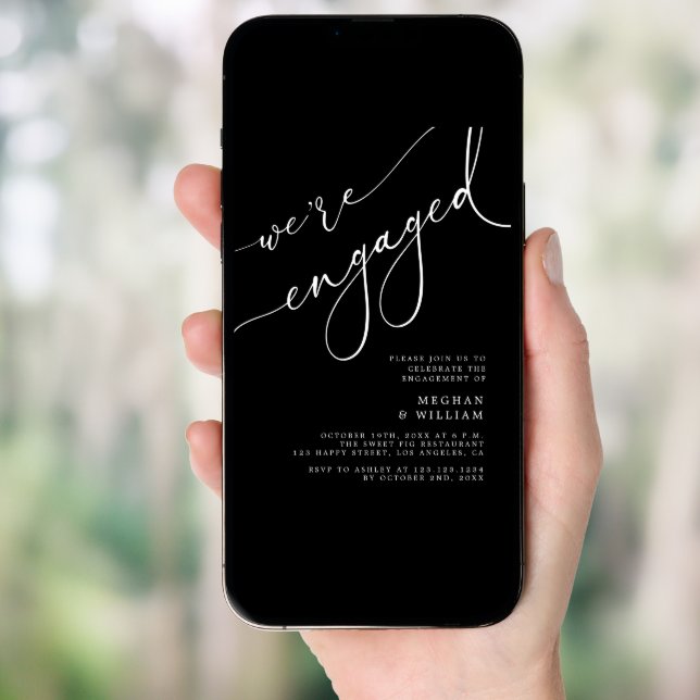 Elegant Black We're Engaged Engagement Party Invitation (Front Digital)