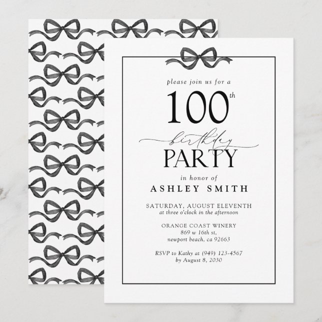 Elegant Black & White 100th Birthday Party Bow Invitation (Front/Back)