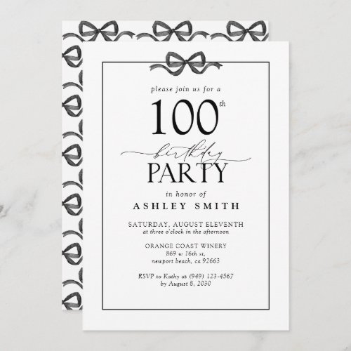 Elegant Black  White 100th Birthday Party Bow Invitation
