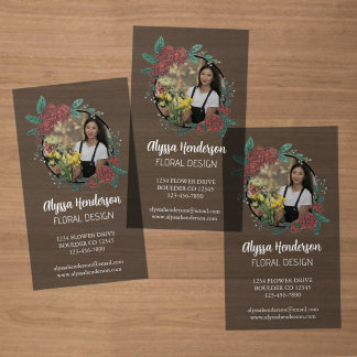 Elegant Black & White 1 Photo Floral Designer Clear Business Cards