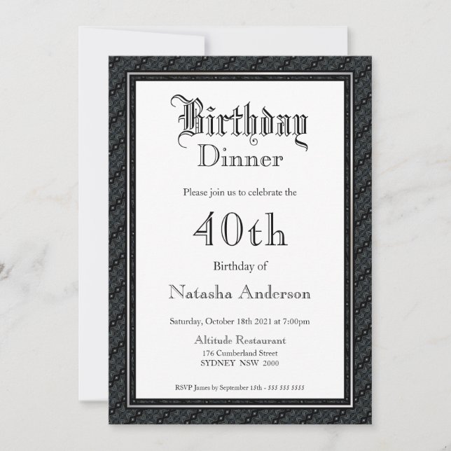 Elegant Black & White 40th Birthday Dinner Invitation (Front)