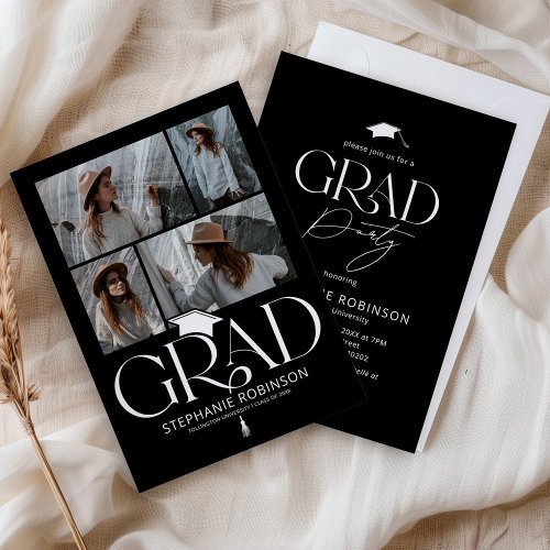 Elegant Black & White 4 Photo Graduation Party
