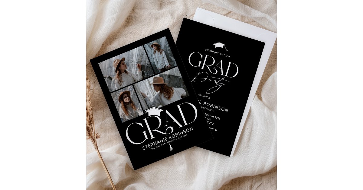 Elegant Black & White 4 Photo Graduation Party Invitation | Zazzle