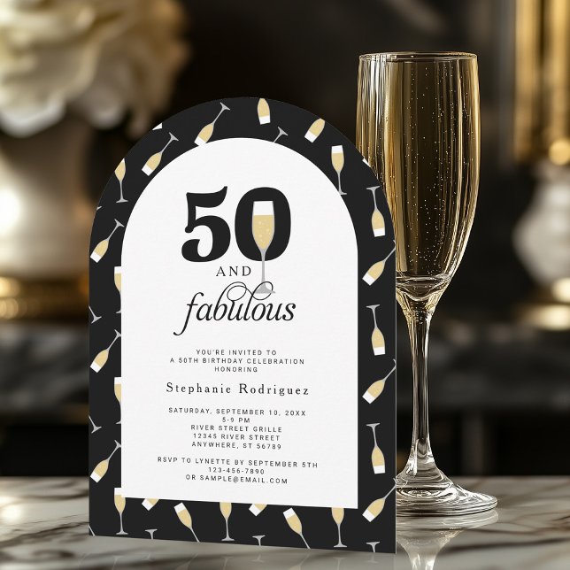 Elegant Black White 50 Fabulous Birthday Invitation (Shown on a 5" x 7" arch shape invitation)