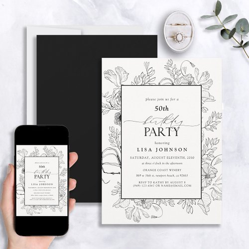 Elegant Black White 50th Birthday Floral Line Art Invitation