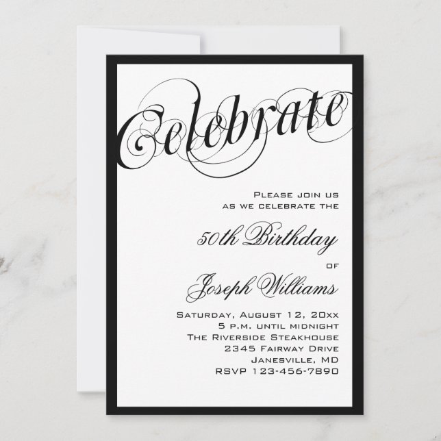 Elegant Black & White 50th Birthday Invitations (Front)