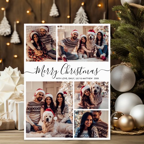 Elegant Black White 5 Photo Collage Christmas Holiday Card