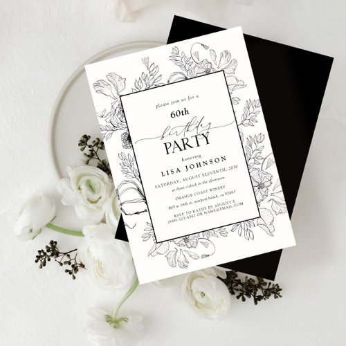 Elegant Black White 60th Birthday Floral Line Art