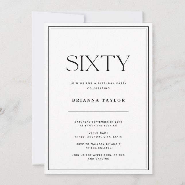 Elegant Black & White 60th Birthday Invitation (Front)