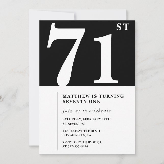 Elegant Black White 71st birthday invitation (Front)