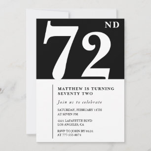 Elegant Black White 72nd birthday invitation