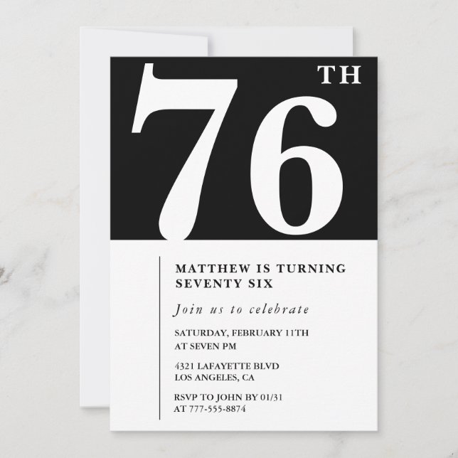 Elegant Black White 76th birthday invitation (Front)
