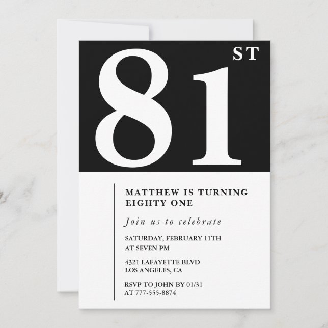Elegant Black White 81st birthday invitation (Front)