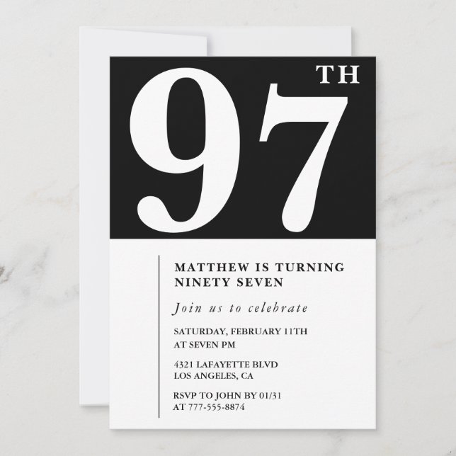 Elegant Black White 97th birthday invitation (Front)