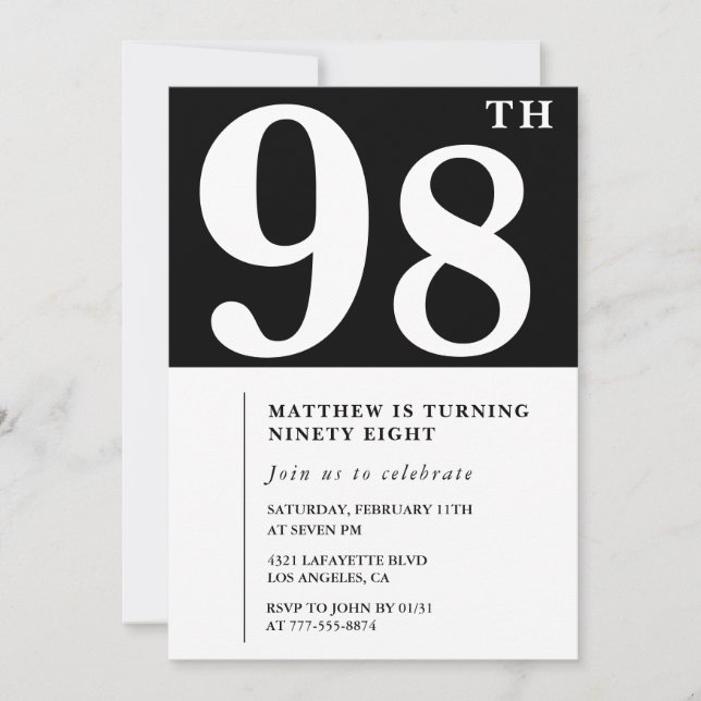 Elegant Black White 98th birthday invitation (Front)