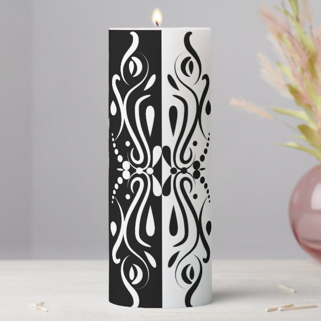 Elegant Black & White Abstract Harlequin Style Pillar Candle (In Situ)