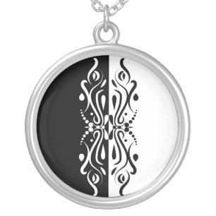 Elegant Black & White Abstract Harlequin Style Silver Plated Necklace