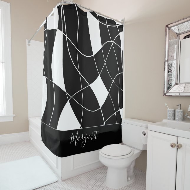 Elegant black &white abstract monogram name shower curtain (In Situ)
